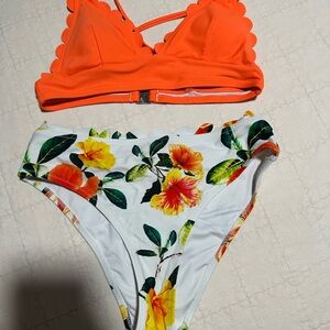 Orange Scalloped Bikini Top and Floral Bottom